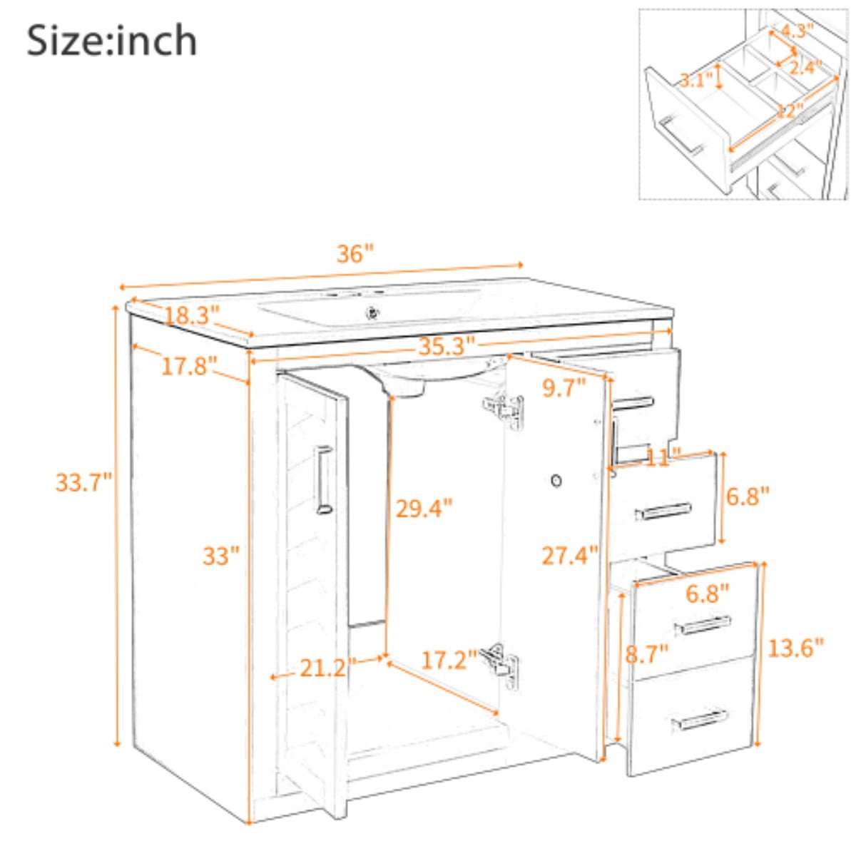 36" Bathroom Vanity with Ceramic Sink Combo, Freestanding Bathroom Vanity with 3 Drawers, 2 Doors, Solid Wood Frame, Black