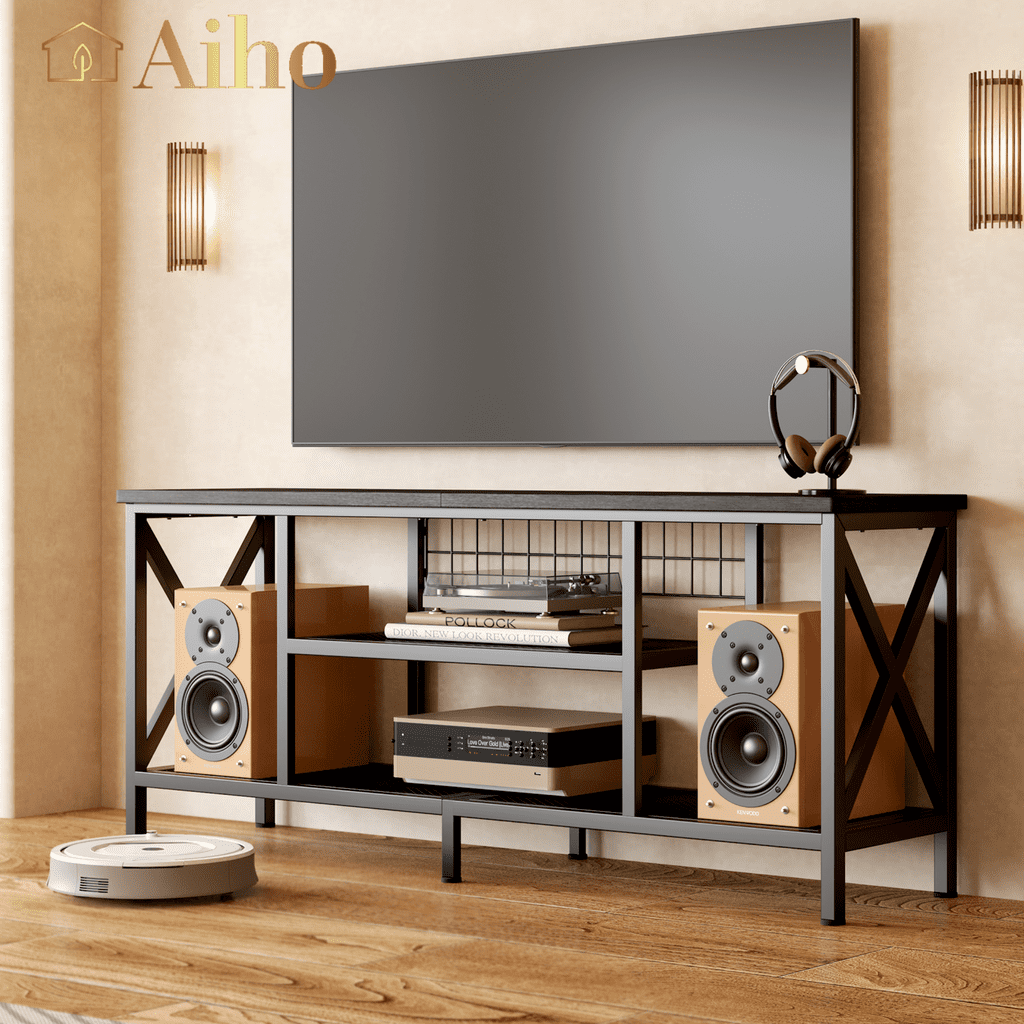 Aiho 59.8 "L TV Stand Entertainment Center for TV up to 65 inch, 65 inch TV stand with Storage Shelves for Living Room - Black