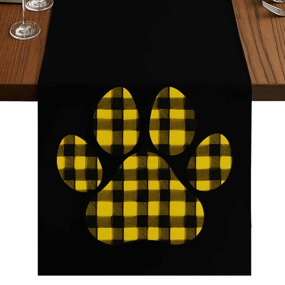 Table Runners 120 Inches Long Dress Scarves, Cats Pawprints Farmhouse Coffee/Dining/Kitchen Table Runner for Living Room, Yellow Black Buffalo Plaid Pets Paw 13x120 Inch