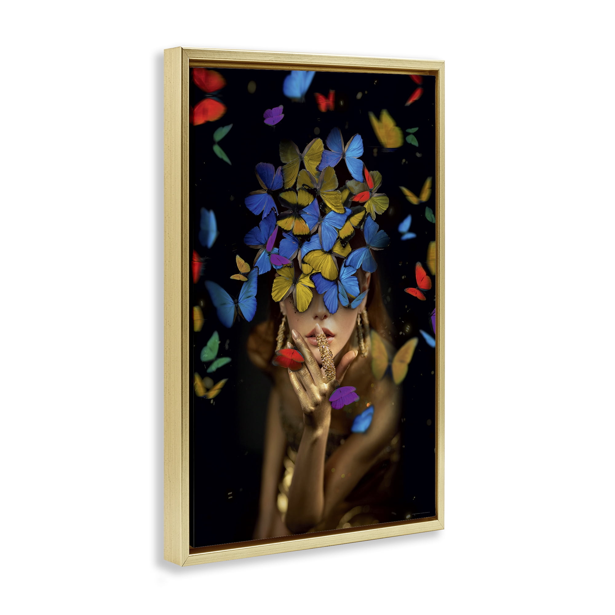 Stupell Industries Butterfly Swathed Woman Animals Painting Gold Floater Framed Canvas Art Print Wall Art, 17 x 25