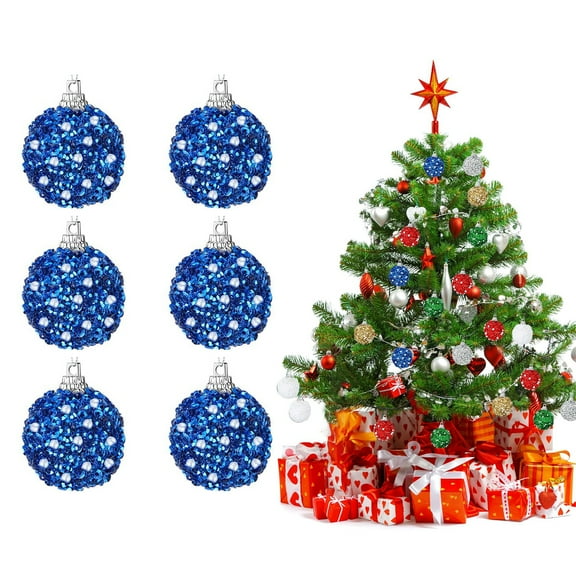 BlinkLLX 6 Pcs 1.18 Inch Mini Christmas Ball Ornaments Christmas Tree Ornament Glitter Sequin Foam Ball Ornaments Xmas Hanging Decoration for New Year Holiday Wedding(Blue)