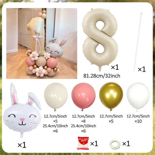 Rabbit Balloon Set Milk White Number 0-9 Balloon for Birthday Party Shower Anniversary Decoration Balloon Jungle Rabbit Balloon