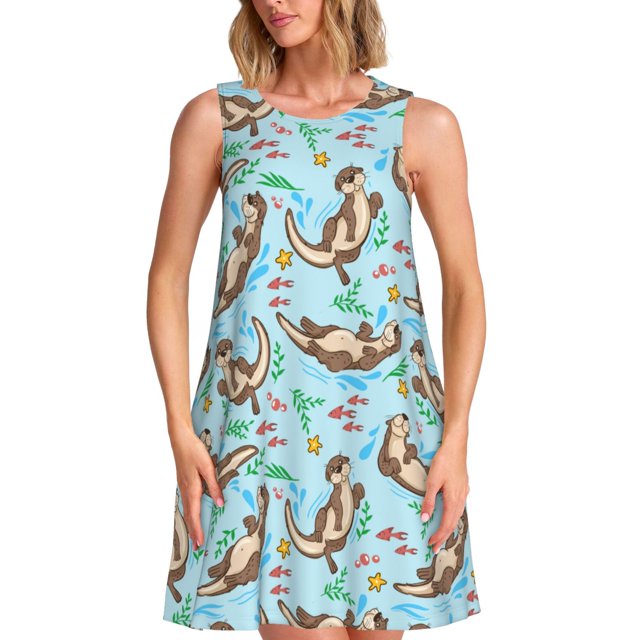 Fotbe Cute Otters Vestido de Verano sin Mangas para Mujer – Vestido Midi Línea A, Estilo Camiseta Floral, Vestido Playero Casual y Fluido