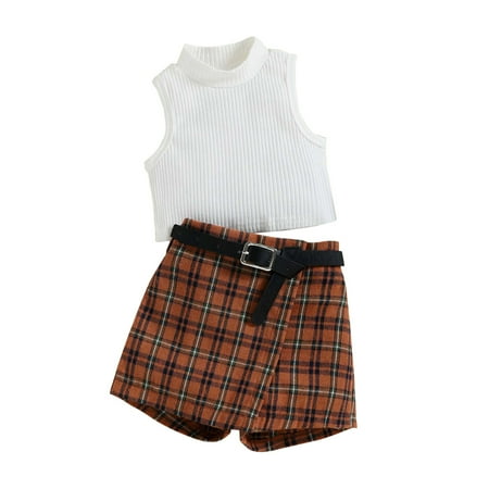 

YFPWM Toddler Kids Baby Girl Outfit Summer Clothes Set Toddler Baby Girls Summer Vest Check Belted Shorts Two Piece Set Childrens Clothing Brown 3-4 Years