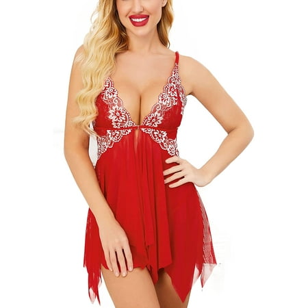 

Women Lace Lingerie Front Closure Babydoll V Neck Nightwear Sexy Chemise Nightie