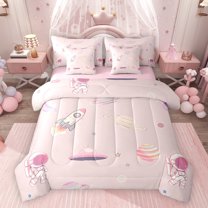 Feelyou Astronaut Bedding Comforter Set 7pcs, Pink Cartoon Spaceship Queen Bedding Sets
