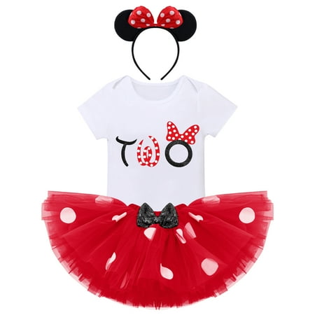 

IMEKIS Mouse 2nd Birthday Outfits Baby Girls Romper Polka Dots Mini Tutu Skirt Headband Cake Smash Photoshoot Princess Second Mouse Themed Party Supplies 2T Red + Black Two