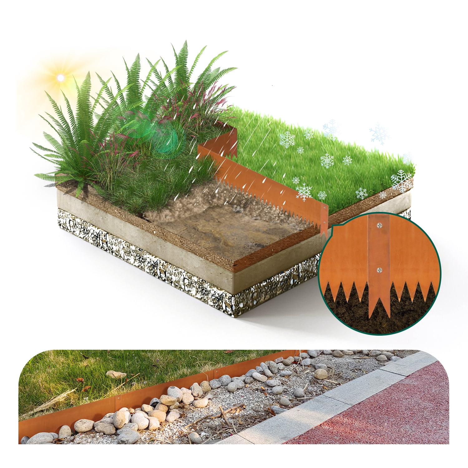 20FT Corten Steel Garden Edging, 8" Rusted Iron - Bendable Landscape Border for Flower Beds, Lawn/Yard, Hammer-in Design