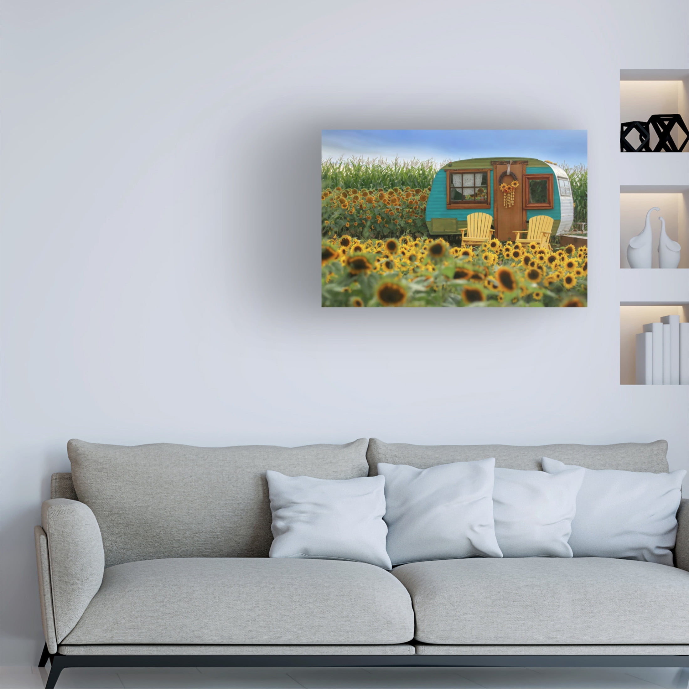 Canvas Wall Art - Carrie Ann Grippo-Pike 'Vintage Camper and Sunflowers 2' Wall Art for Living Room, Bedroom, or Office Décor by Trademark Fine Art - 32 x 22 Inches