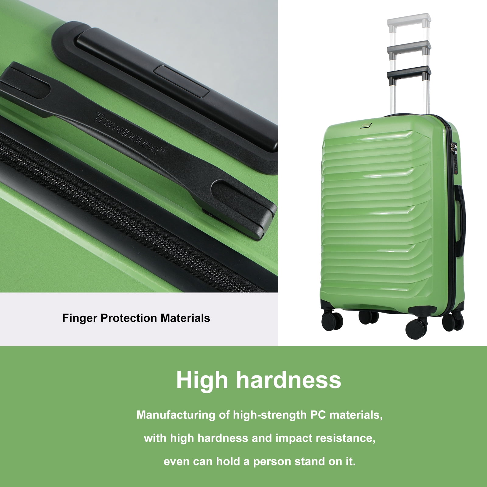 Travelhouse 3 Piece Hardshell Luggage Set Hardside Lightweight Suitcase with Lock Spinner Wheels and 2 Packing Cubes.(Green)
