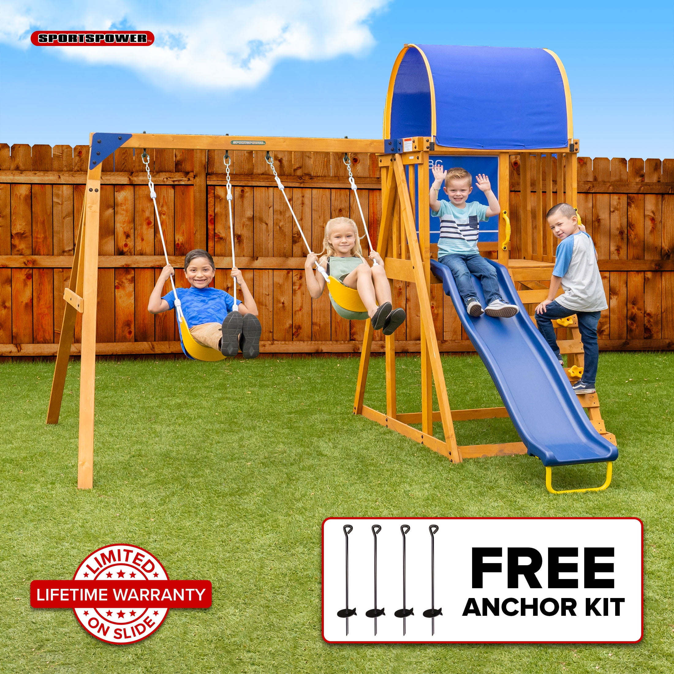 Sportspower Addison Wooden Swing Set with Heavy Duty Double A-Frame, Lifetime Warranty on Slide, & Bonus Anchor Kit - for Ages 3-8