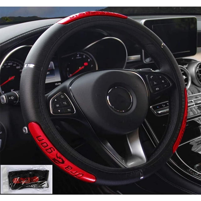 Housse de Volant Extensible Élastique, Frais en Été, Housse de Volant Automobile Universelle 15 Pouces, Motif en Fibre de Carbone, Antidérapant, Inodore, Facile à Installer, Noir Rouge