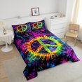 thumbnail image 4 of Peace Sign Bedding Set Full Size,Colorful Tie-dye Art Comforter Set 3Pcs Teens Woman Men Room Decor,Vintage Hippie Style Quilt Set Black Reversible Duvet Insert,2 Pillowcases, 4 of 7