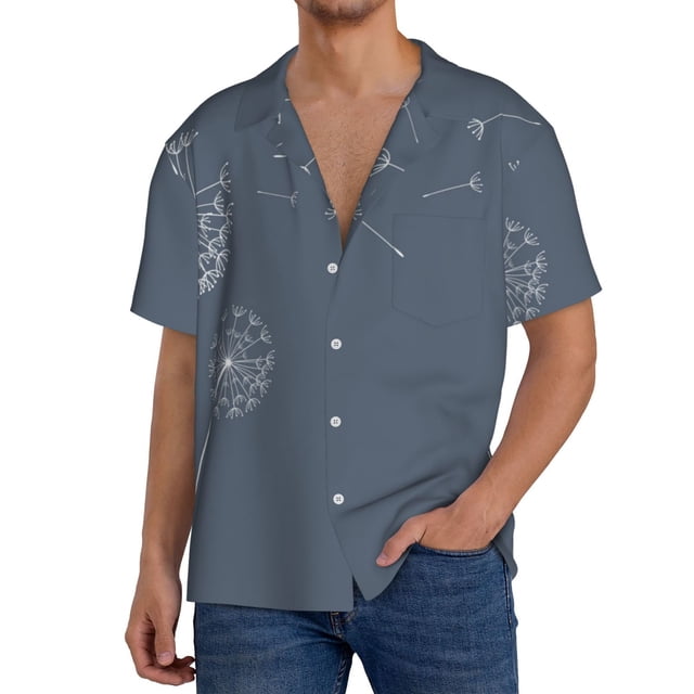 Fotbe White Dandelion Camisa Estampada de Manga Corta para Hombre, Casual de Verano, Estilo Playero, Sin Arrugas-Large