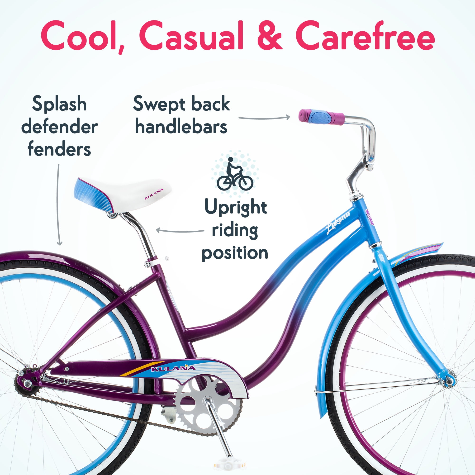 Kulana Lakona Shore Beach Cruiser Bike, 26-Inch Wheel, Single Speed, Blue and Purple