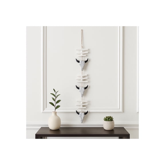 Modern Wood Hanging Cow Skull for Home Decor - Perfect Ornament Sculpture for Living Room, Office, or Bathroom Decor - Wall Decor Accent, Backyard, Pourch, and Patio Decor - 29", Black & White