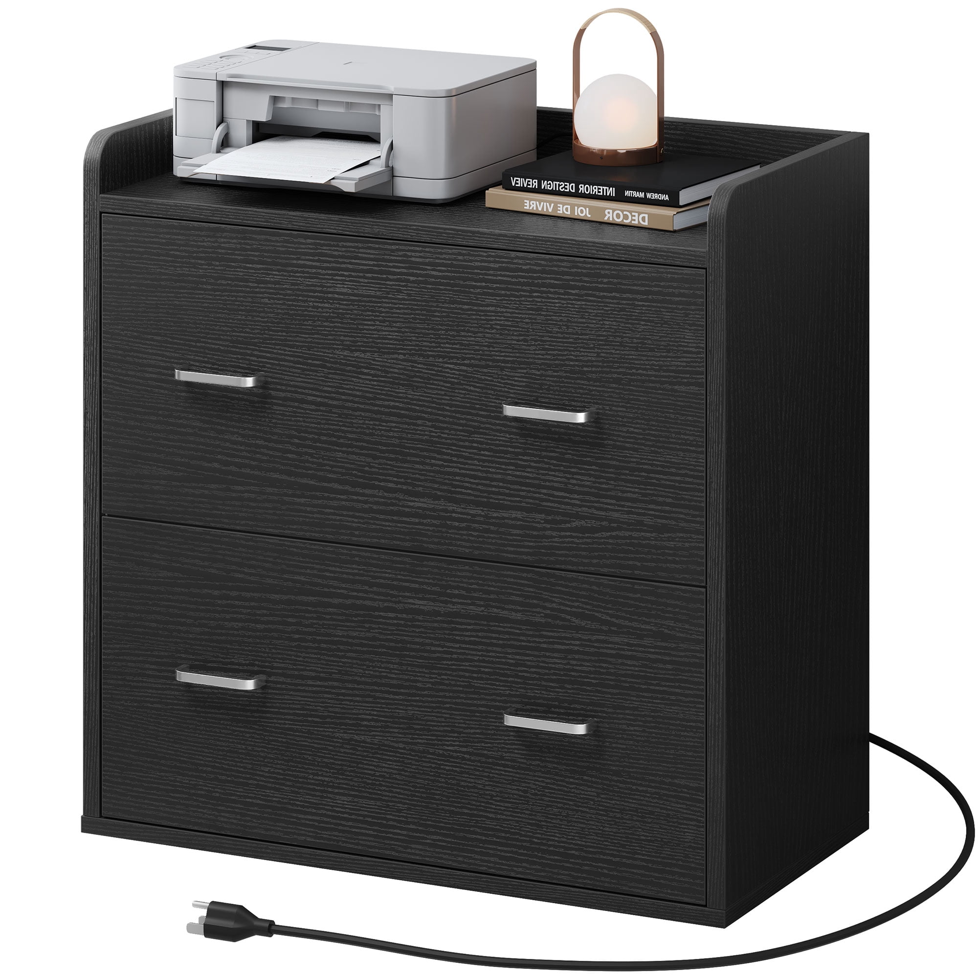Dextrus 2 Drawer File Cabinet with Charging Station, Wood Lateral Filing Cabinet Printer Stand Fits A4 Letter Legal Size Files, Black