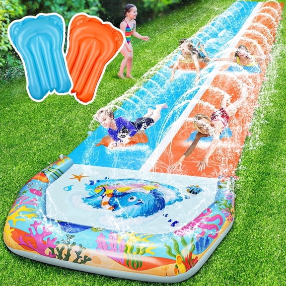 40FT Double Water Slides with 2 Bodyboards, Extra Long Lawn Water Slides for Kids Adults Heavy Duty, Giant Outdoor Water Slip Toys with Crash Pad
