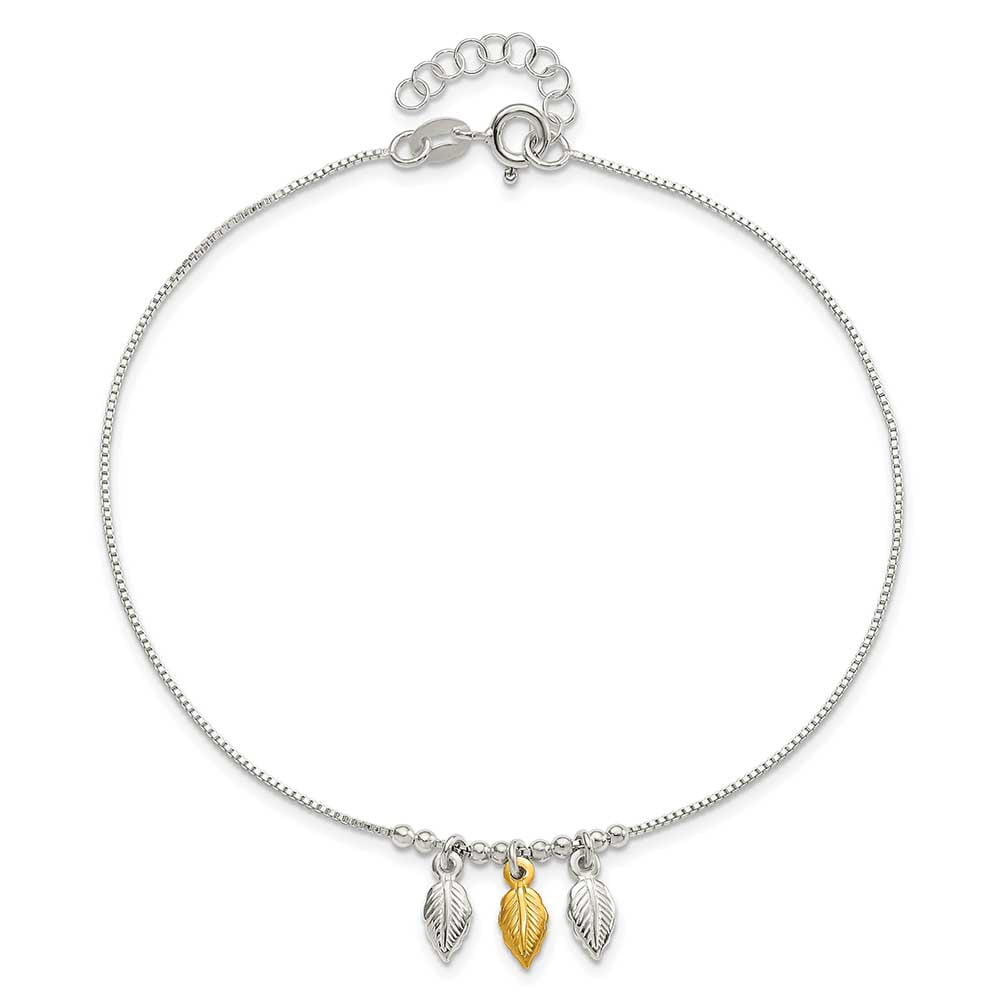 Sterling Silver Gold-tone Polished Feather 9in w/1in ext Anklet Q-QG4216-9