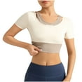 thumbnail image 3 of QATAINLAV Haut de Compression pour Femmes, Crop Top Athlétique Extensible avec Soutien-Gorge Intégré, Manches Courtes Rembourrées, Col Rond, Blanc TTG, 3 of 7
