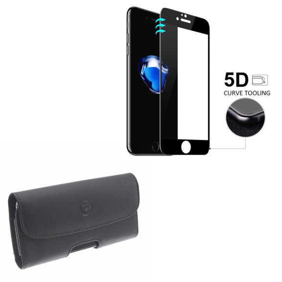 Black Leather Case Side Cover Pouch w Tempered Glass Screen Protector 5D Full Frame Compatible With iPhone 8 PLUS 7 Plus