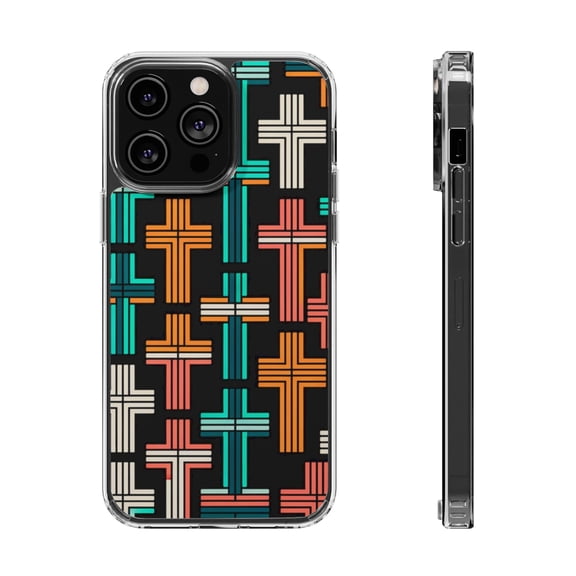 DistinctInk Hybrid (Acrylic / TPU) Clear Slim Fit Case for Apple iPhone 13 Pro MAX (6.7" Screen) - "Repetitive Vibrant Christian Crosses on Black"