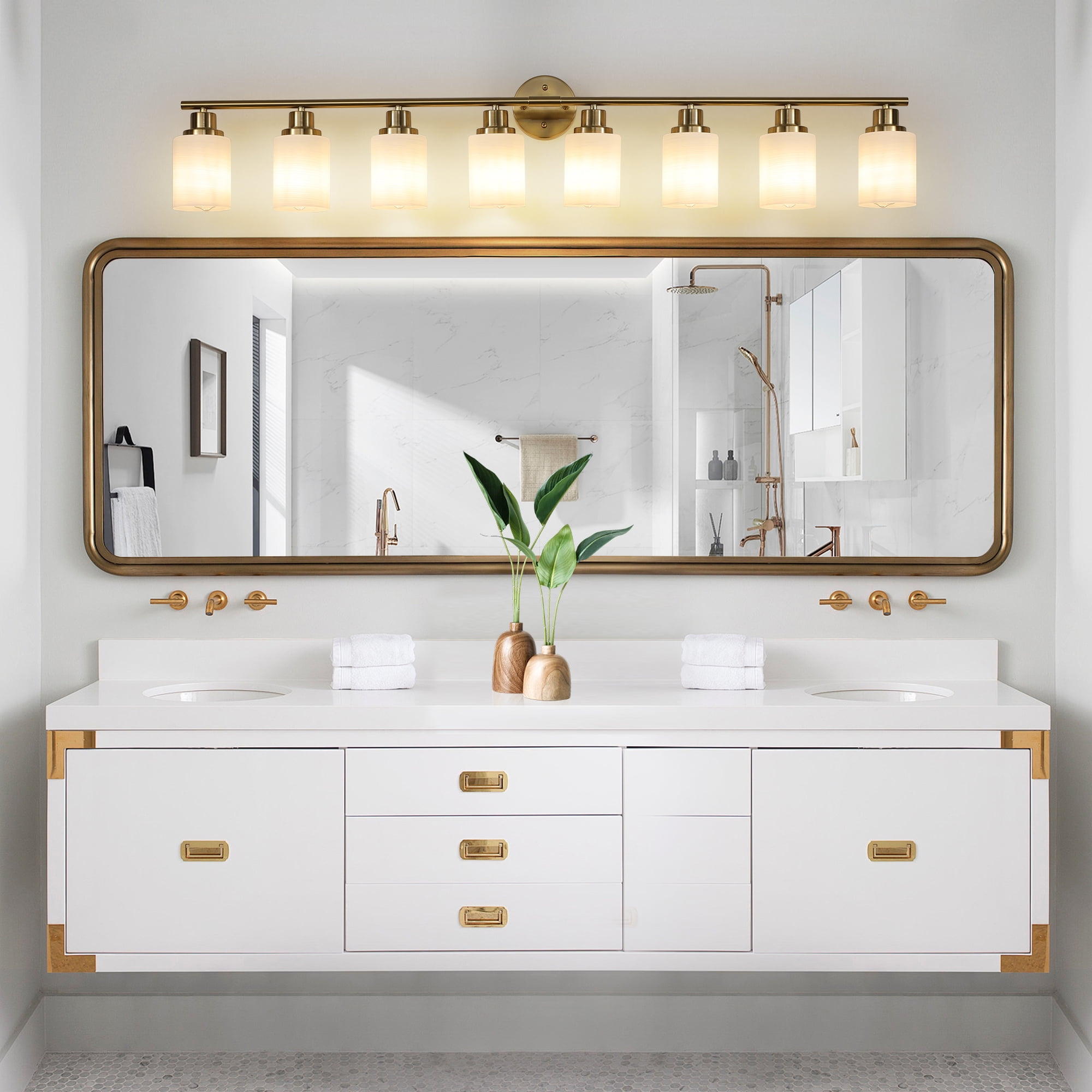 Jopath 52" Modern 8-Light Vanity Wall Sconce, Golden Finish with Frosted Glass Shades for Bathroom, Bedroom, Dressing Room or Hallway Lighting (No Bulbs)