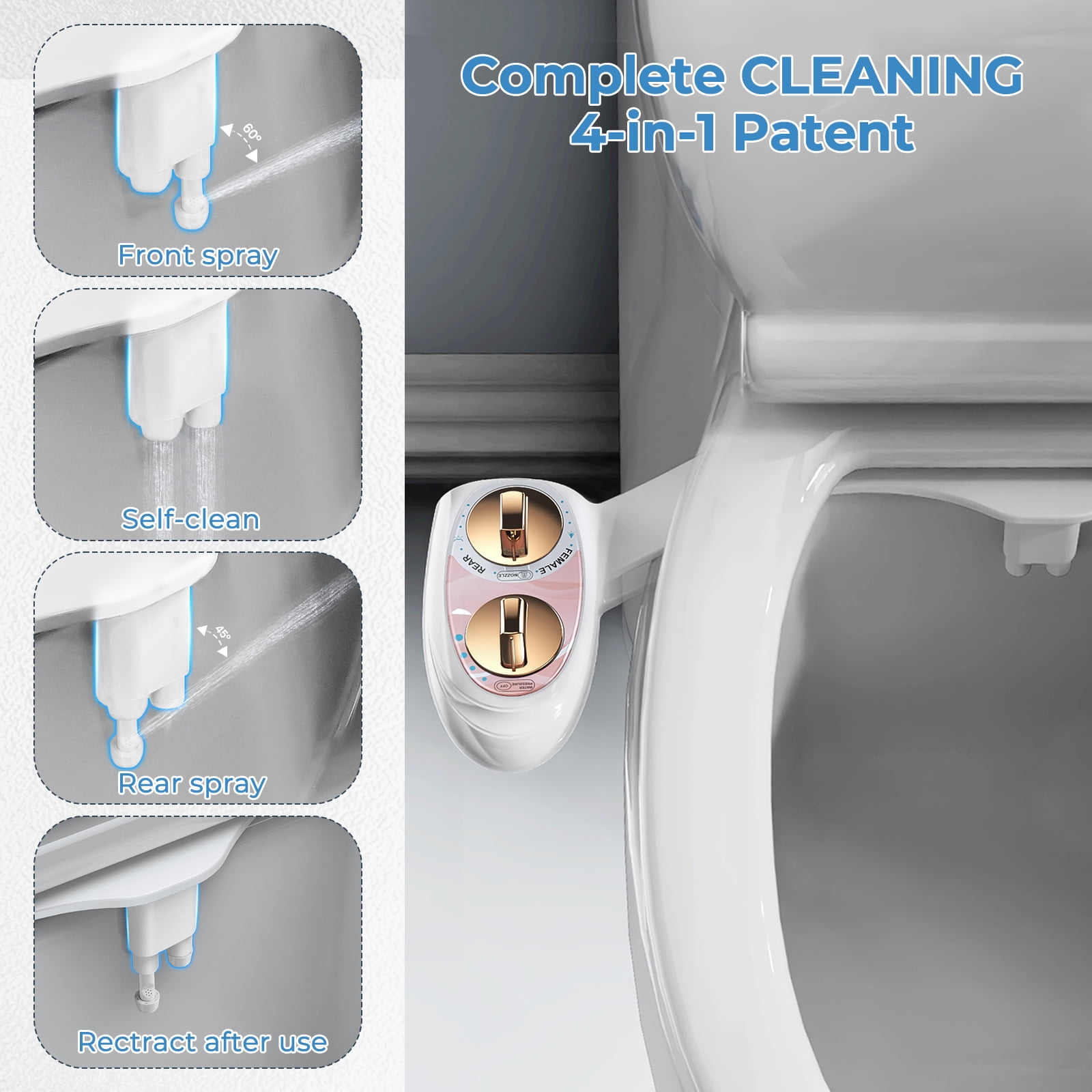 KINGTACK Bidet Attachment for Toilet, Non-Electric Self-Cleaning Bidet Seat Attachment, Fresh Cold Bidet Attachment for Feminine/Posterior Wash, with Adjustable Pressure Control (Rose Gold)
