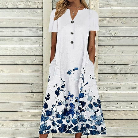Tagold Summer Dresses for Women 2022, Fashion Women Summer Printing Causal V-Neck Button Short Sleeve Vacation Pockets Dress White L