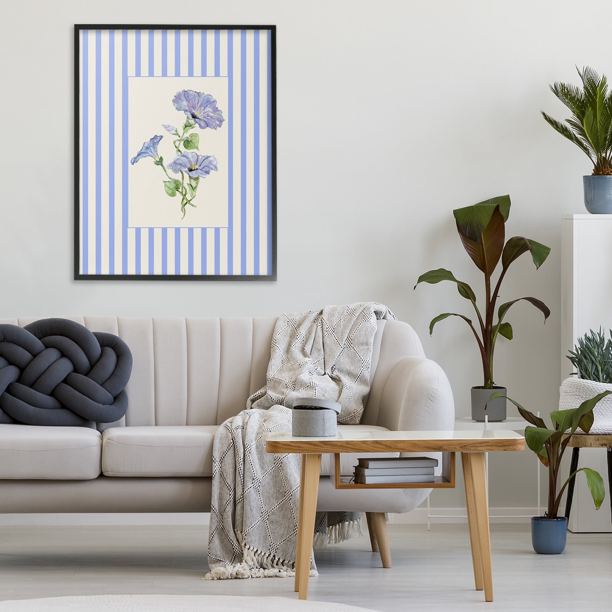 Blue Stripe Morning Glory Black Framed Giclee Art, design by Lisa Wehmeyer