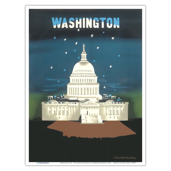 Washington DC - The US Capitol Building - Vintage Airline Travel Poster by Edward McKnight Kauffer c.1948 - Master Art Print (Unframed) 9in x 12in