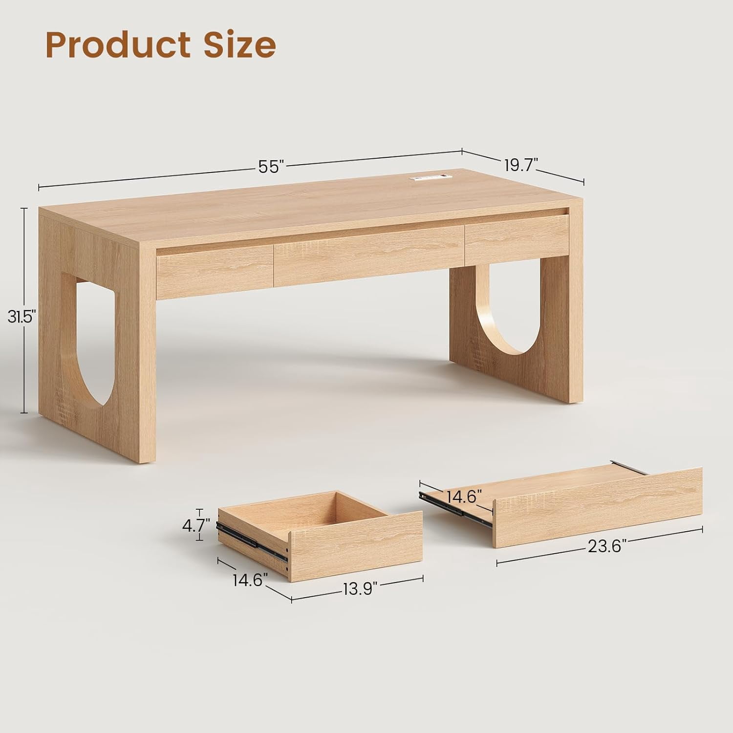 SEDETA Modern Office Desk with 3 Drawers, 55" Executive Desk with U-Shaped Legs, Wood Computer Desk with Power Outlet, Home Office Desks with Relief Texture, Natrual