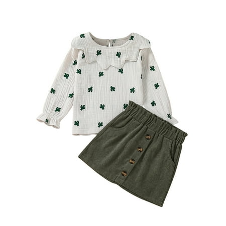 

Frobukio 2Pcs Kids Girls Spring Outfits Cactus Print Collared Long Sleeve Tops + Buttons Skirt with Pockets Green 1-2 Years
