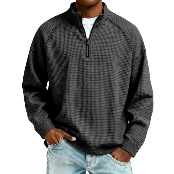 ASDFVBKG Men's & Big Men's Fleece Quarter Zip Pullover Comfortable Long Sleeve Collared Vintage Pullover Trendy Casual Loose Fit Pullover Black 4XL