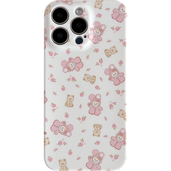 Cute Cartoon Bear Rabbit Pink Flowers Phone Case Compatible with iPhone Case (White,iPhone 14 Pro Max)