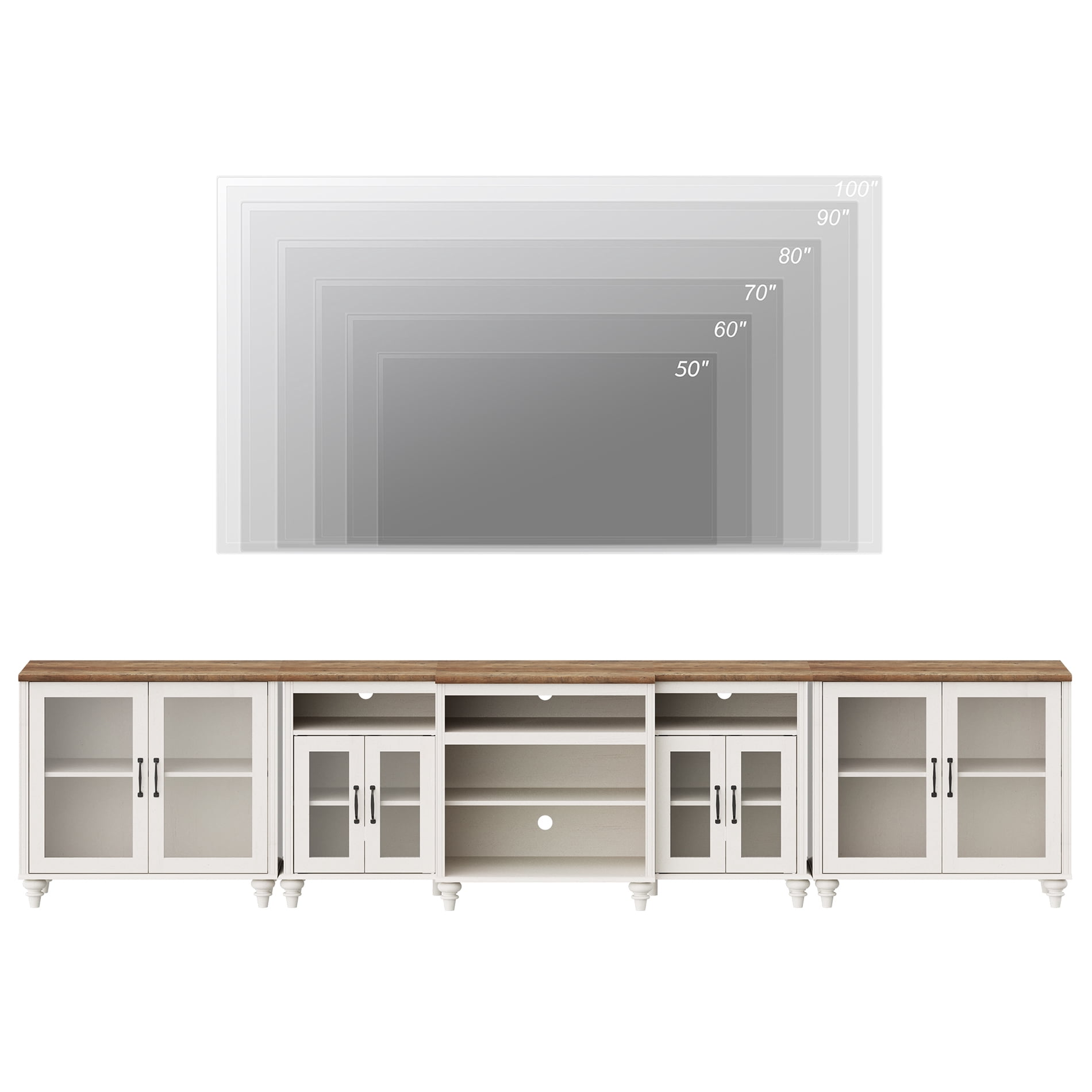 WAMPAT Large TV Stand for 100 Inch TV, TV Console Table with Glass Door Cabinet for Living Room, Off White