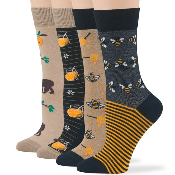 7BIGSTARS KINGDOM Women Cotton Crew Fun Socks - 4 Pack Medium - Bee - Hive Bear - Honey- Seamless Sock Size: 9-11, Shoe Size: 5-9, Black, Beige, Light Beige, Orange