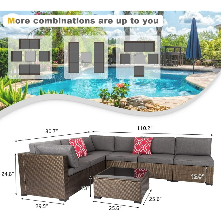 Kinbor 7pcs outdoor patio furniture sectional pe rattan wicker rattan discount sofa set with aqua cushions