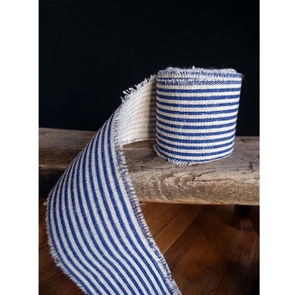 Burlap Fabrics Striped Linen Ribbon Blue - 2 Inch Wide x 5 Yard Roll with Fringed Edges