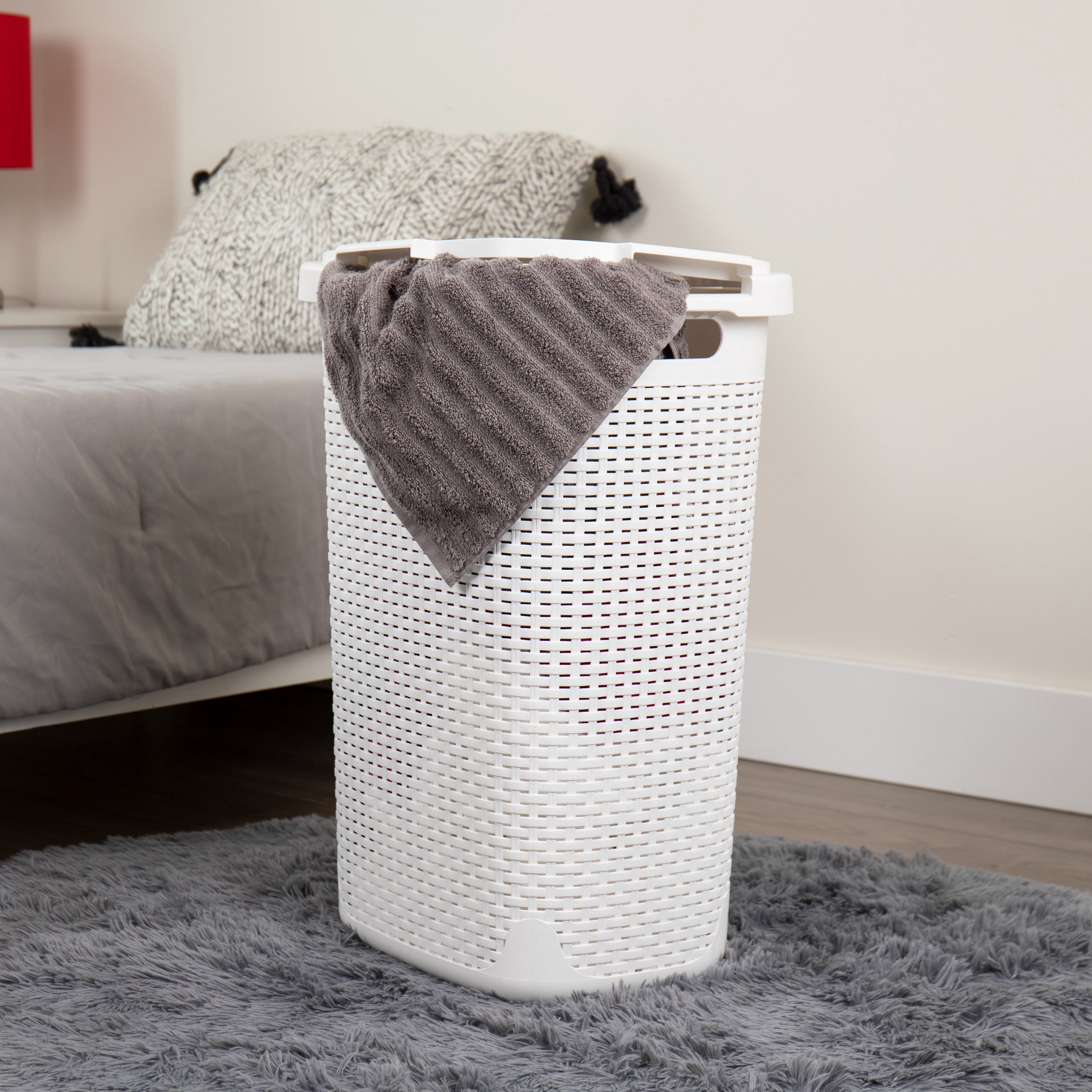 Mind Reader 60L Slim Laundry Hamper, Clothes Basket, Lid, Wicker Design, Plastic, 17.65"L x 13.75"W x 24.15"H, Set of 3, White