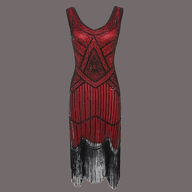 UPPADA Robes Vintage pour Femmes Grande Taille Robes à Franges Sans Manches Col en V Robe à Paillettes à Franges Robe de Cocktail Robe à Franges Perlée Robe à Franges Vin,G