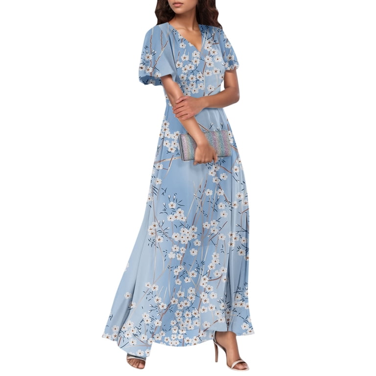 EANJE Casual Dresses for Women Casual Dressy Short Sleeve V Neck Long Dress  Plus Size Floral Maxi Flowy Dresses for Women Sky Blue M - Walmart.com