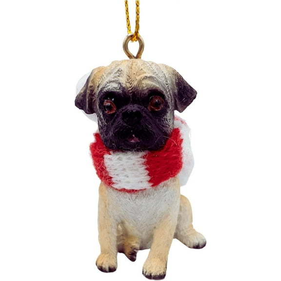 Pug Puppy First Christmas Tree Dog Ornament with Fabric Candy Cane Scarf