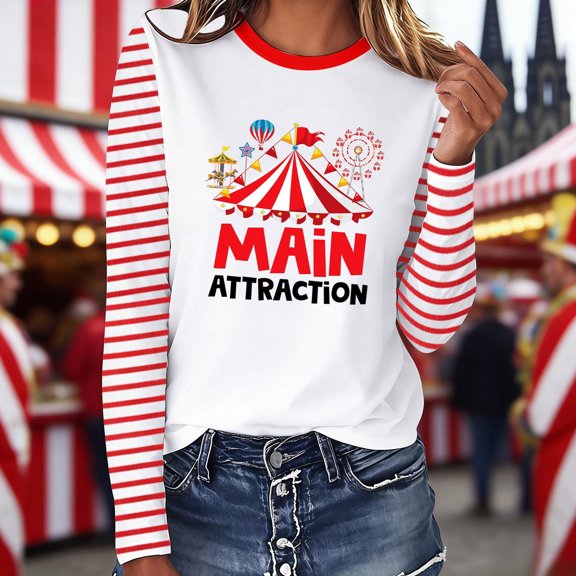 Graphic Tees for Women'striped Carnival Graphic Tee for Everyday Casual Wear with Festival Print Comfortable Short Sleeve Top for Party and Celebration White L