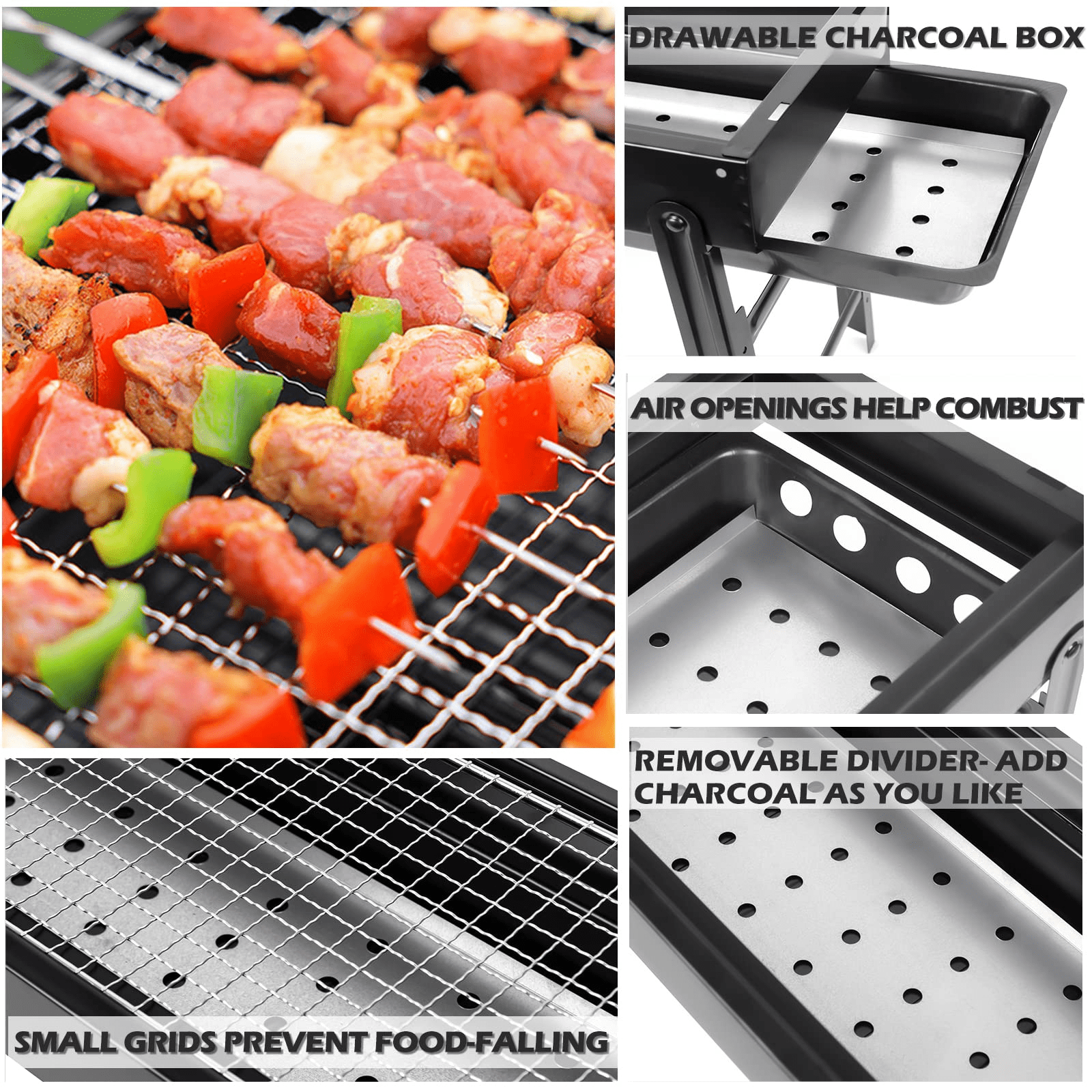 Barbecue Charcoal Grill for Camping, 24 in Mini Grill Stainless Steel Foldable Portable Grill, BBQ Tool Kit for Outdoor Camping Cooking Gear Picnics Beach Home Backyard Party BBQ Beginner