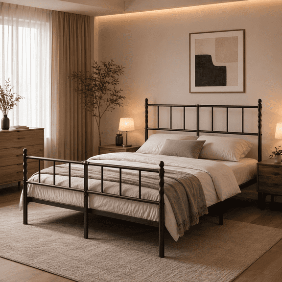 Heavy Duty Metal Queen Platform Bed Frame with Headboard and Footboard, Industrial Style Steel Slat Mattress Foundation, No Box Spring Needed, Black