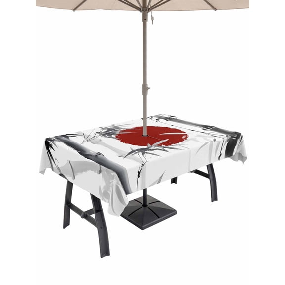 Outdoor Tablecloth with Umbrella Hole for Patio/Picnic/Party/Camping, Black White Botanical Waterproof Table Cloth Rectangle Table Cover Washable, Red Moon Ink Wash Art (52"x 70")