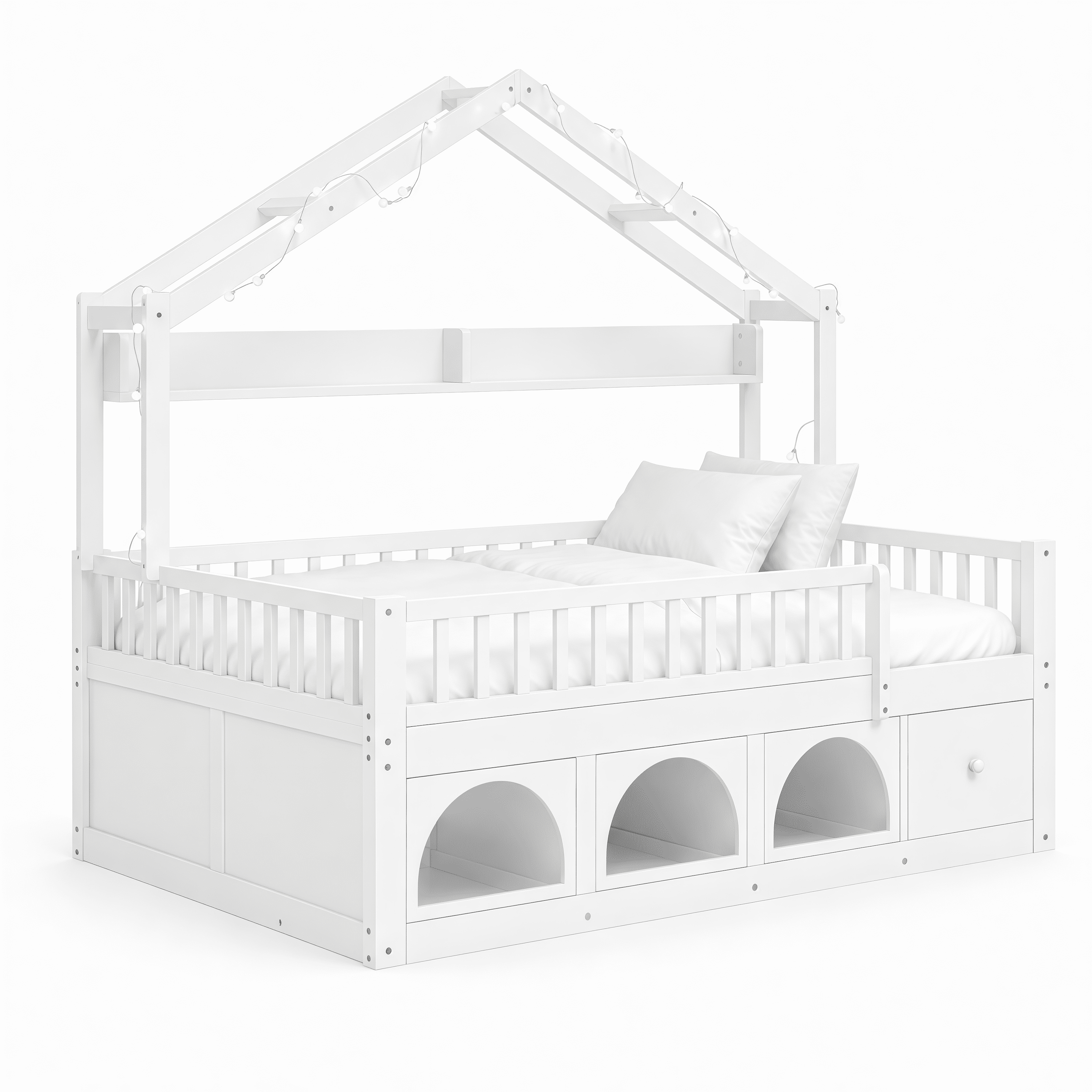 Mintazer Full Montessori Floor Bed with LED Lights & Bookshelf, Kids House Floor Bed with 3 Arched Cubbies & Drawer and Guardrail for Boys Girls Bedroom Playroom, White
