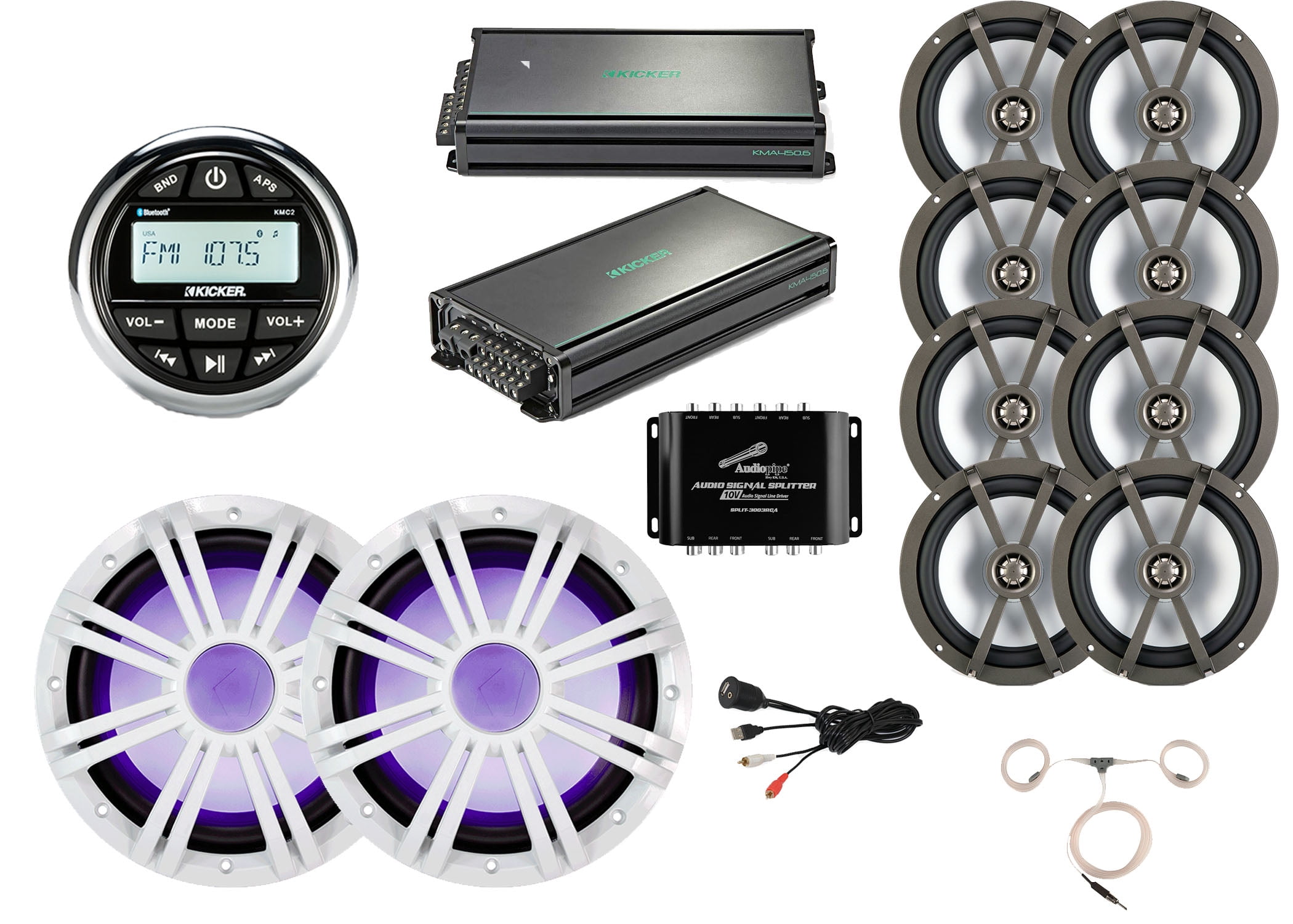 Kicker Gauge Mount Media Center Receiver, 8x 6.5" 4Ohm Marine Speakers