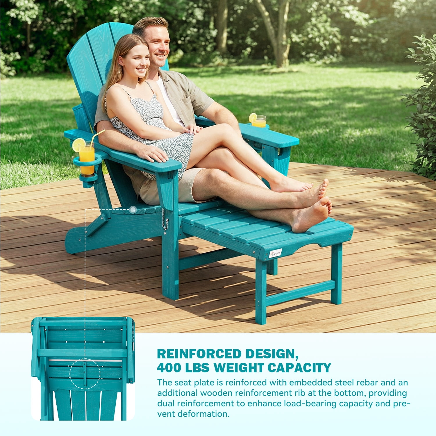 Erinnyees 3-Level Adjustable Adirondack Chair with Retractable Ottoman, HDPE All-Weather Folding Fire Pit Chair with 2 Cup Holders, Outdoor Chair for Garden